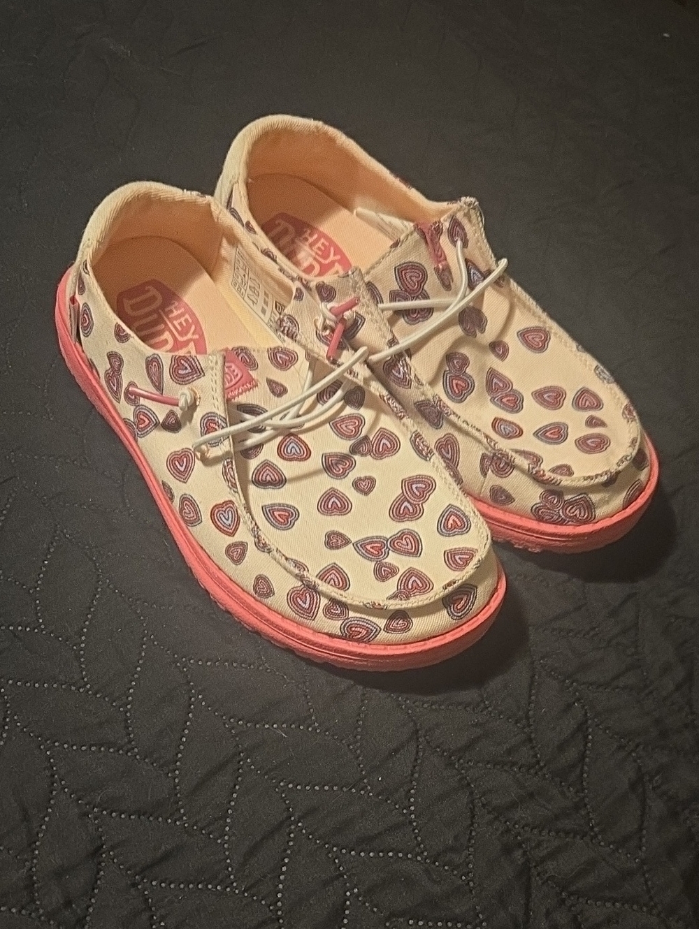Hey Dude Kids Cream Canvas Moccasins with Pink Heart Print and Pink Sole